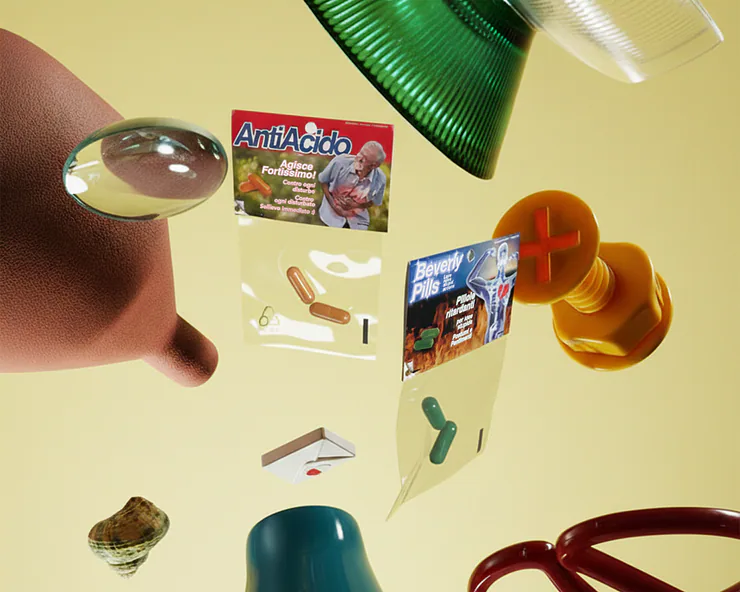 Composizione surrealista con pillole, blister trasparenti, confezioni grafiche di medicinali e oggetti colorati sospesi su sfondo giallo