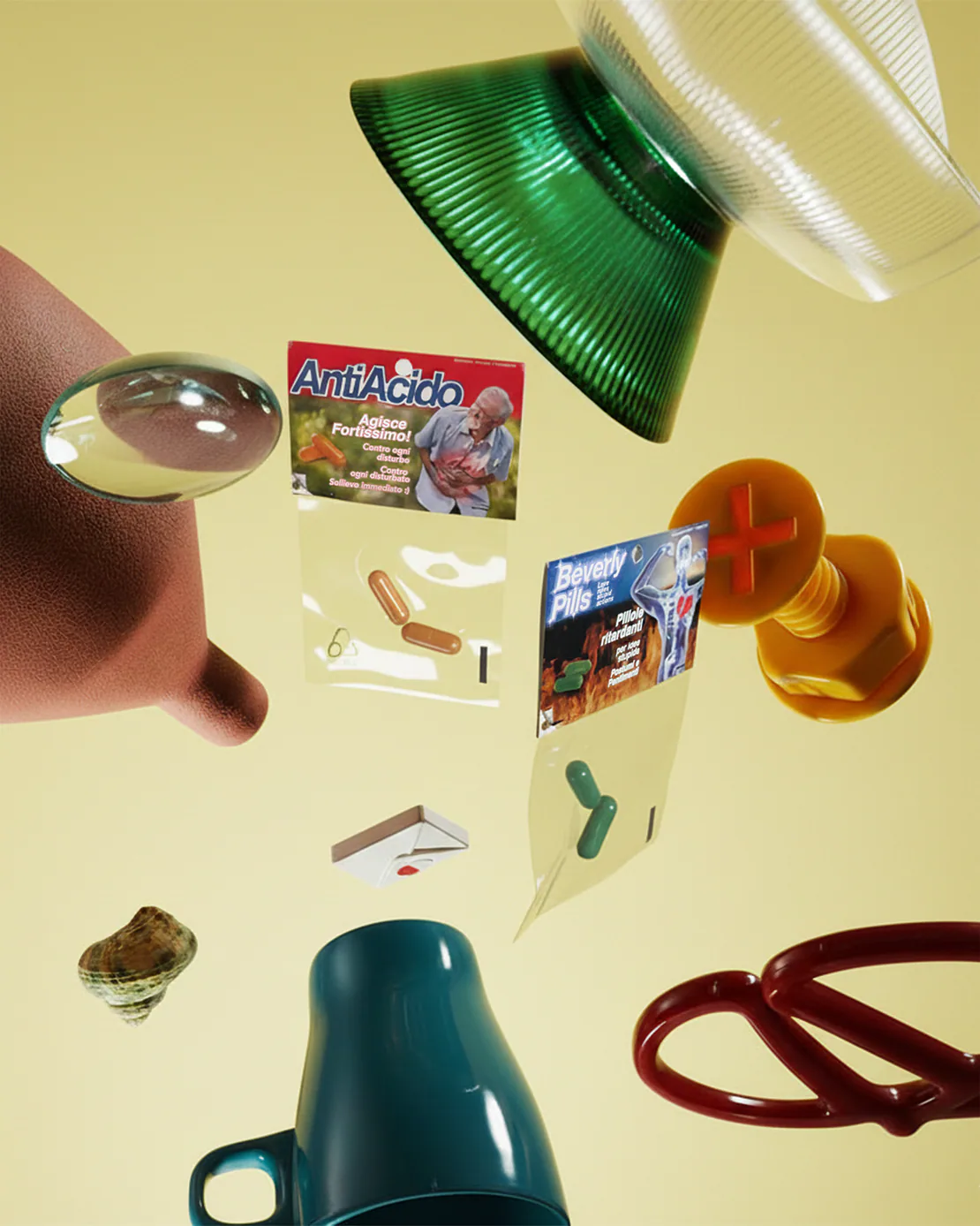 Composizione surrealista con oggetti sospesi: bustine di Antiacido Pills e Beverly Pills fluttuano tra bicchieri, pinze e altri oggetti di design su sfondo giallo.