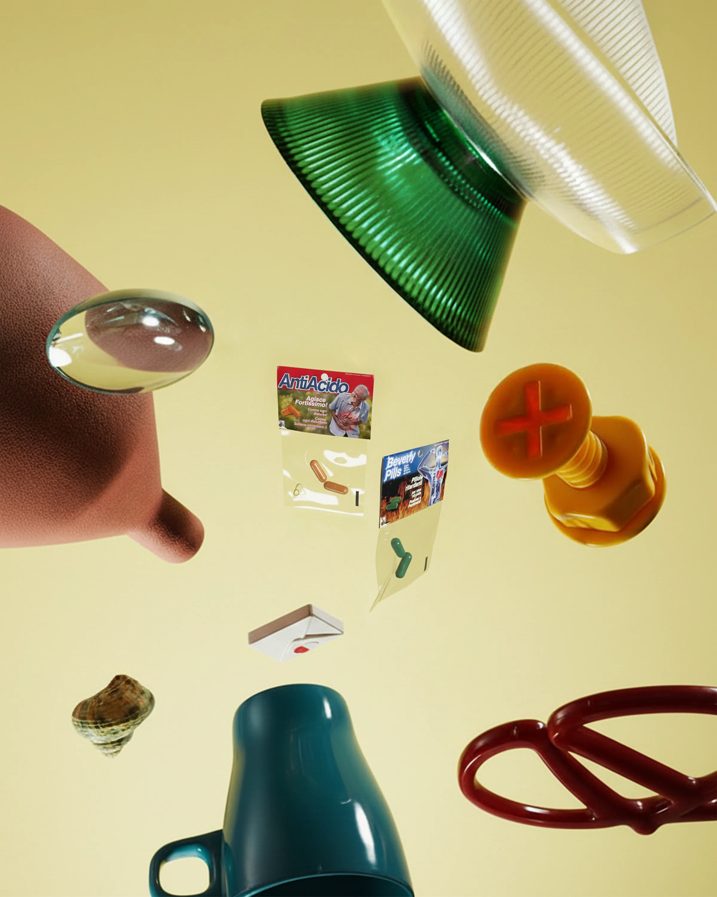 Composizione surrealista con oggetti sospesi: bustine di Antiacido Pills e Beverly Pills fluttuano tra bicchieri, pinze e altri oggetti di design su sfondo giallo.