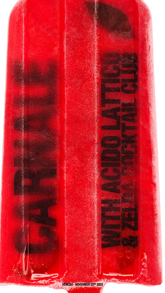 Immagine teaser con un primo piano di un ghiacciolo rosso con dentro la scritta Carnale e i nomi degli organizzatori.