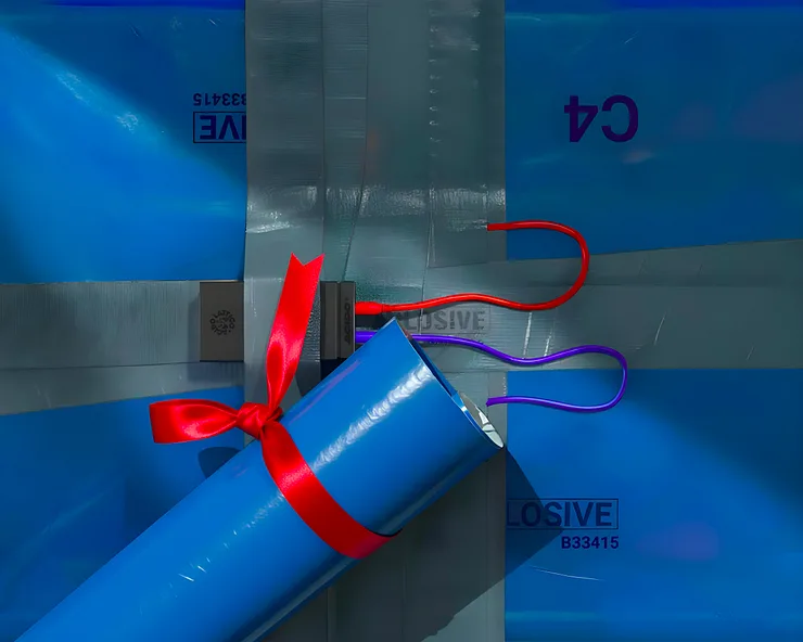 Composizione di oggetti sospesi: moschettoni metallici, bicchiere trasparente, zucca arancione e portachiavi verde con la scritta ACIDO.