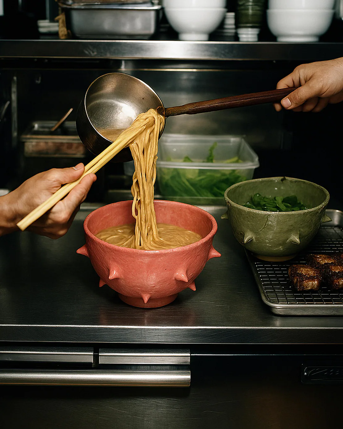 Preparazione di ramen in cucina: mani che versano brodo e spaghetti in una ciotola rossa in ceramica, con un’altra ciotola verde accanto.