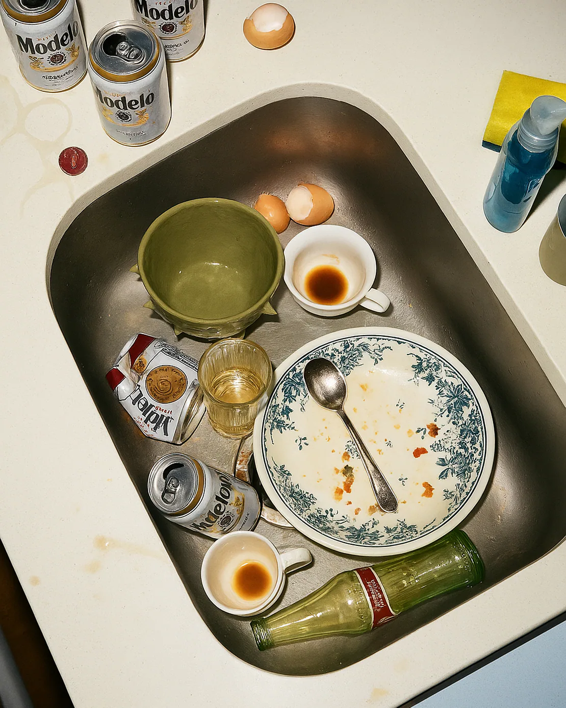Lavello con piatti e tazze sporche, lattine di birra Modelo e gusci d’uovo, tra cui una ciotola per il ramen verde in ceramica.