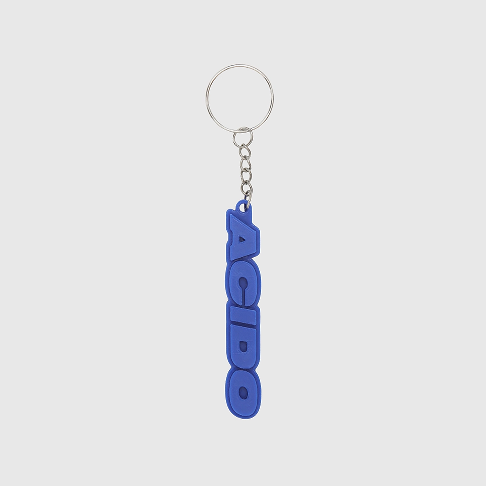 Portachiavi blu con il logo 'ACIDO' in rilievo, design verticale.