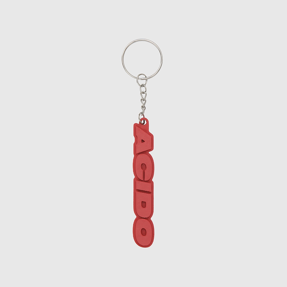 Portachiavi rosso con il logo 'ACIDO' in rilievo, design verticale.