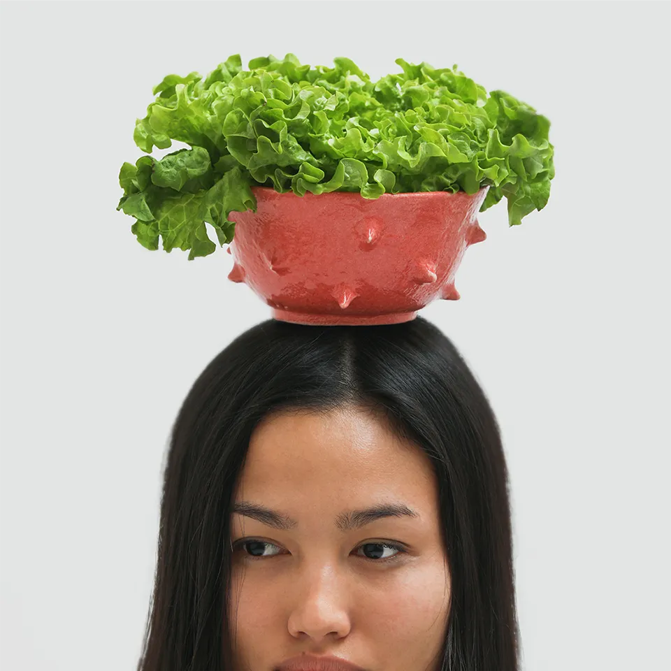 Ramen Bowl rossa di Acidolattico Magazine, contenente insalata verde e posizionata ironicamente sulla testa di una persona.