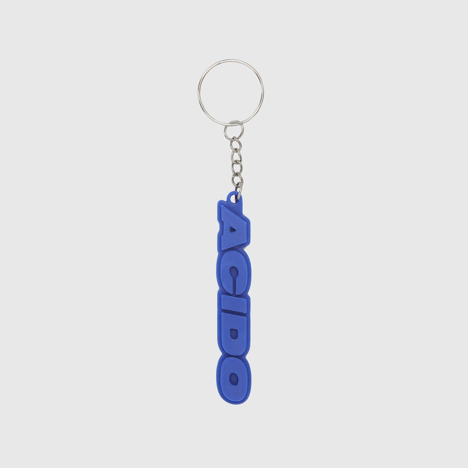 Portachiavi blu con il logo 'ACIDO' in rilievo, design verticale.