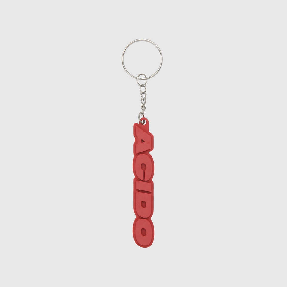 Portachiavi rosso con il logo 'ACIDO' in rilievo, design verticale.