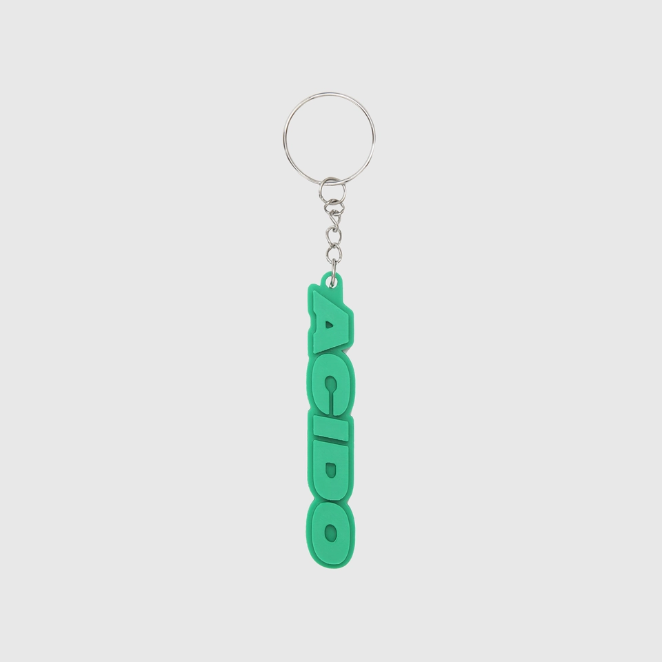 Portachiavi verde con il logo 'ACIDO' in rilievo, design verticale.