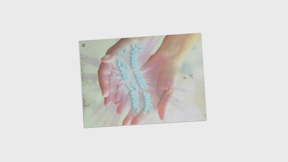 GIF animata della cartolina 'Jesus Loves Disco' che mostra il design frontale con effetto visivo dinamico.
