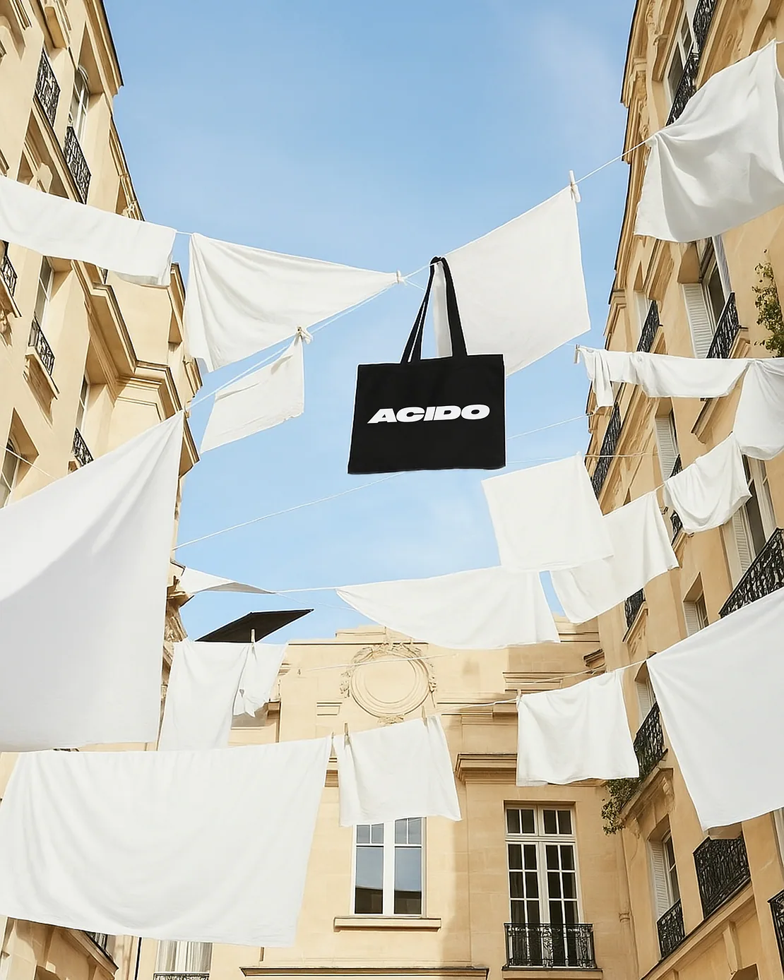 Totebag nera con scritta bianca ACIDO appesa tra lenzuola bianche stese tra palazzi.