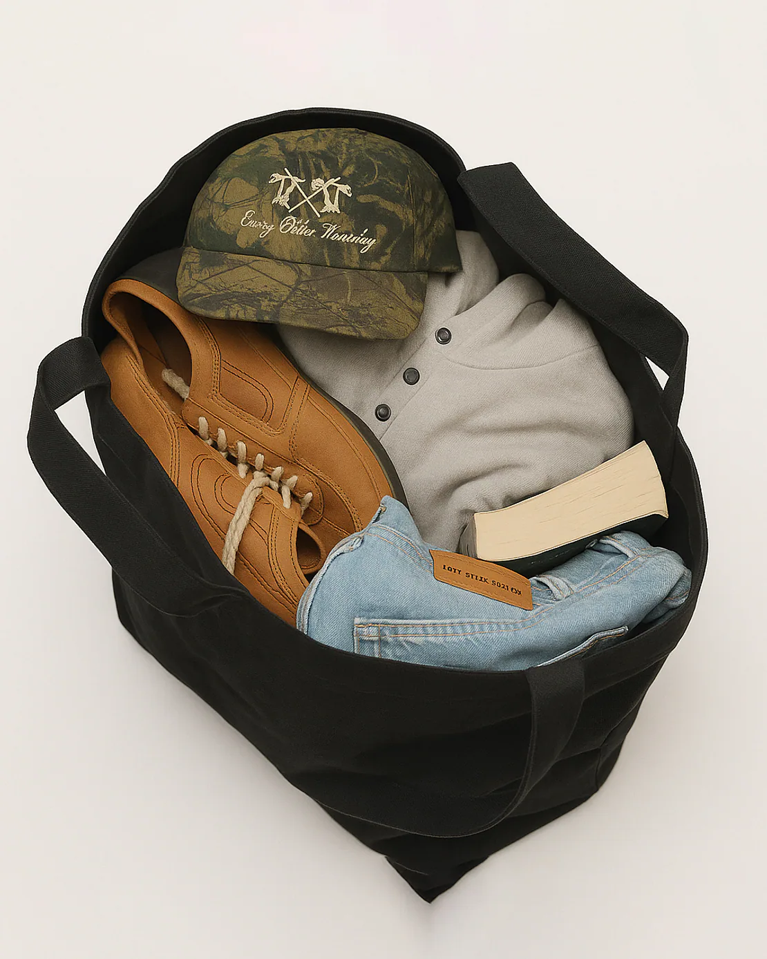 Totebag nera con scritta bianca ACIDO riempita con abbigliamento, scarpe, cappellino e libro.