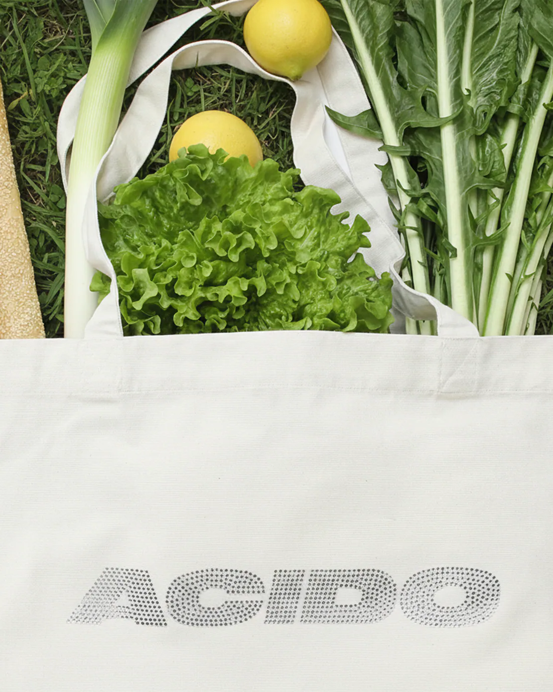 Totebag bianca ACIDO riempita con verdure fresche come lattuga, limoni e cipollotti, appoggiata sull’erba.